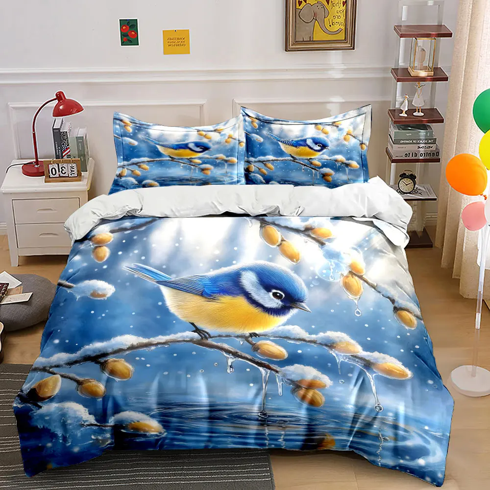 Blue and Yellow Bird on Winter Branch Pattern Duvet Cover Set Digital Print Colorful Polyester Bedding with Zipper Closur