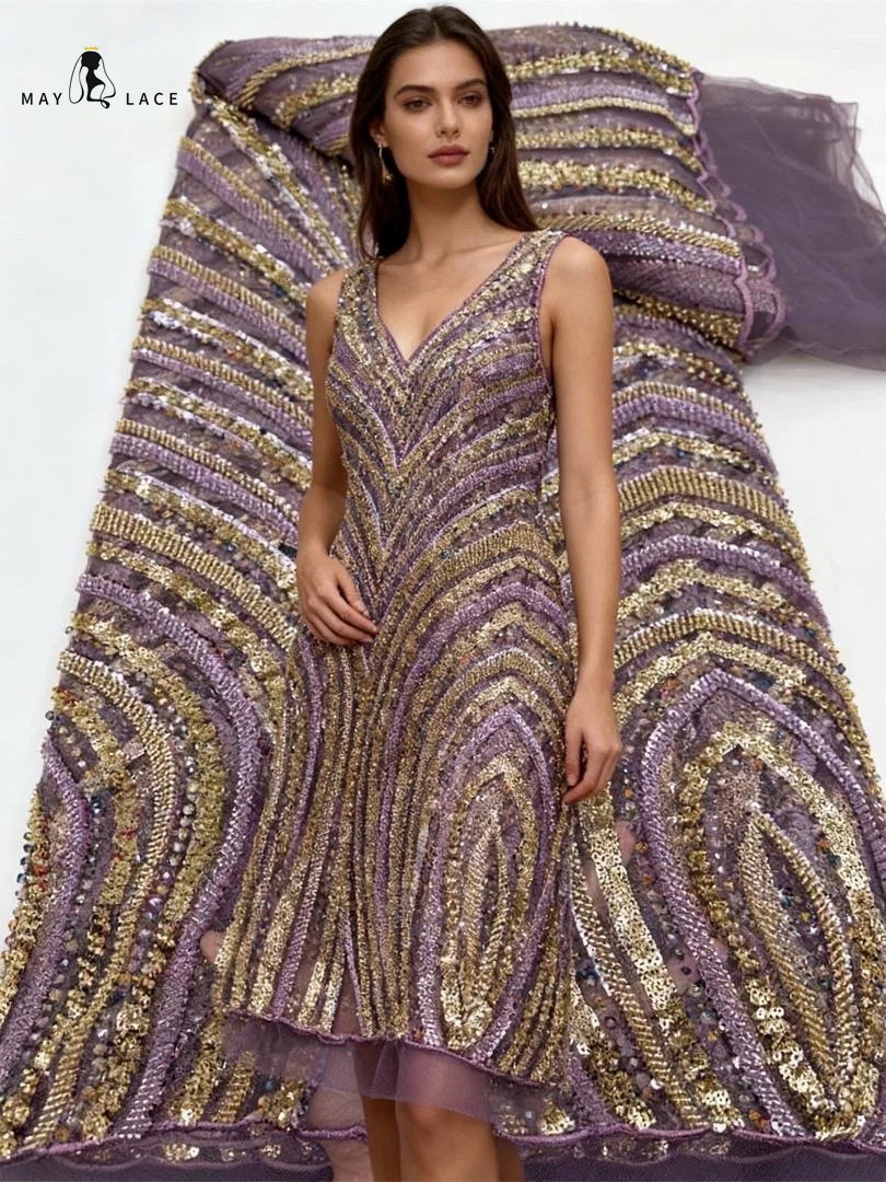 

Luxury African Nigerian Groom Sequin Beaded Lace Fabric 2025 French Mesh Net Lace Fabric for Party Wedding Dress Sewing 5 Yards