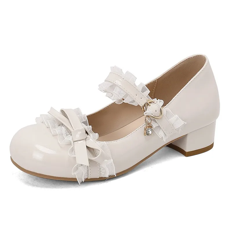 Women Lolita Mid Heel Mary Jane Shoes Lace Trim Strap Pumps Plus Size & Small Size Dress Footwear