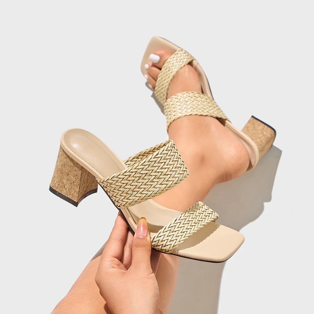 

Женские сандалии с квадратной головкой и плетеным словом на толстом каблуке, женская обувь, однотонная, простая, вечерние, абрикосовые, на высоком каблуке, Chaussure Femme