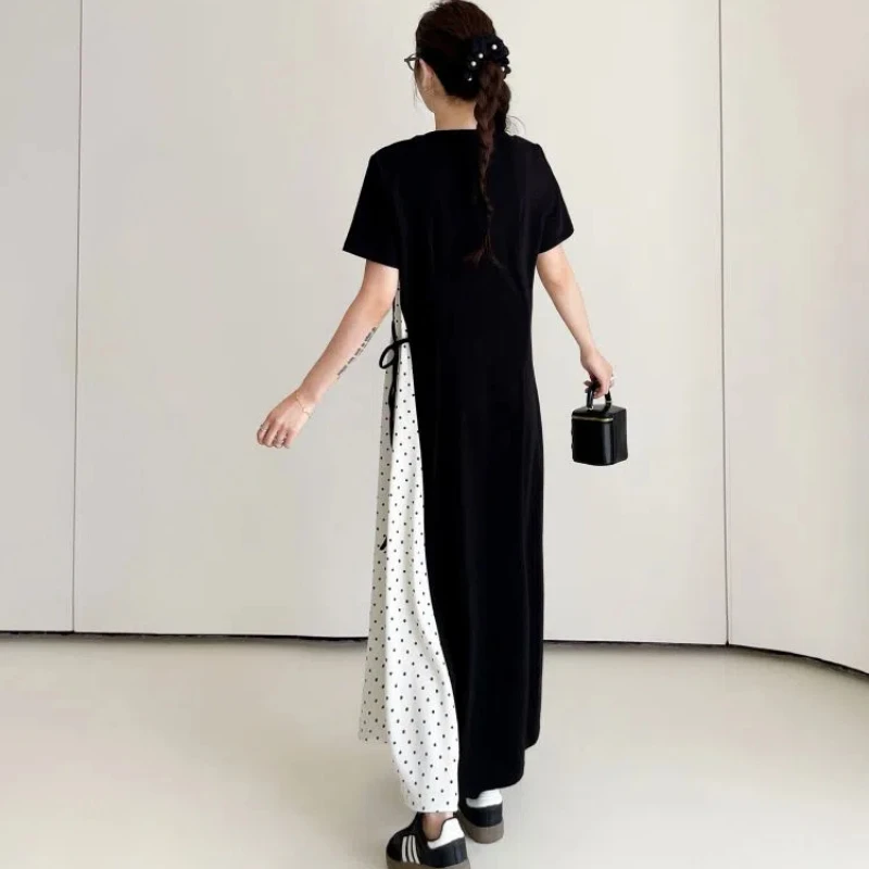 女性用半袖Tシャツドレス,ルーズフィット,ラージサイズ,黒,水玉模様,パッチワーク,夏服,2020