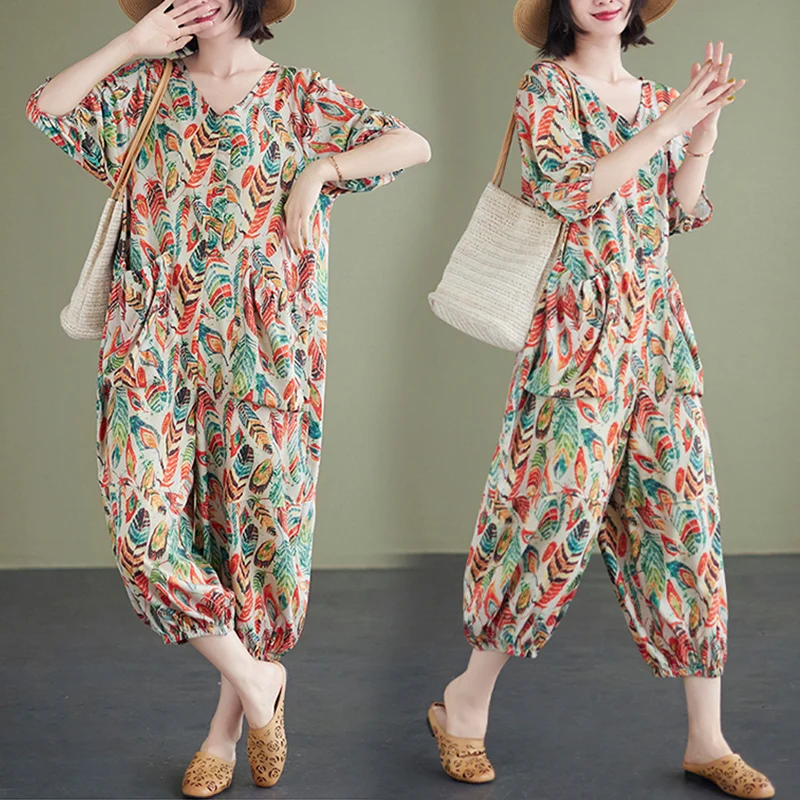 Pantalones informales holgados con estampado de lino y algodón para mujer, monos de talla grande con pantalones tipo farol grandes, pantalones de nueve puntos