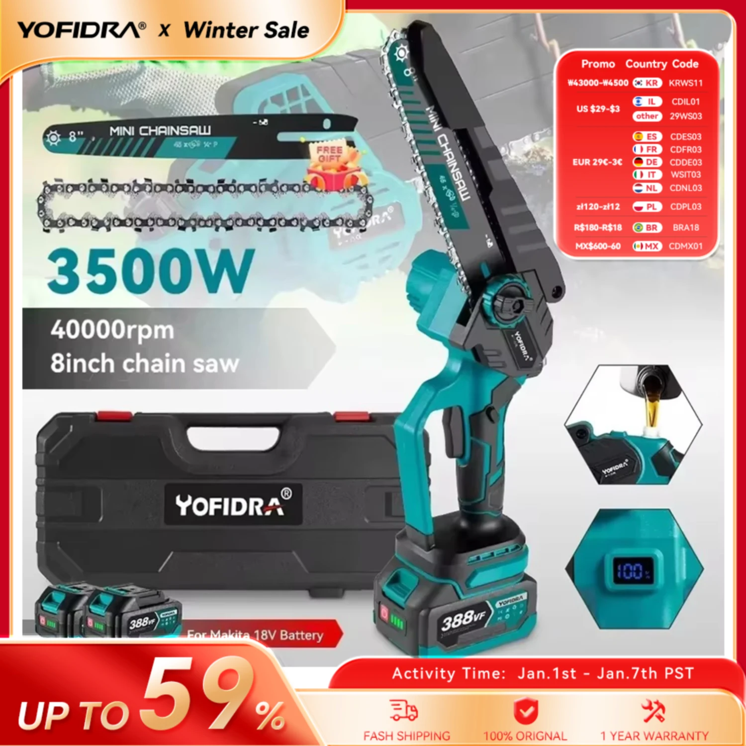 YOFIDRA 8 Inch Brushless Electric Chainsaw Cordless Rechargeable Garden Woodworking Cutting Power Tools For Makita 18V Battery