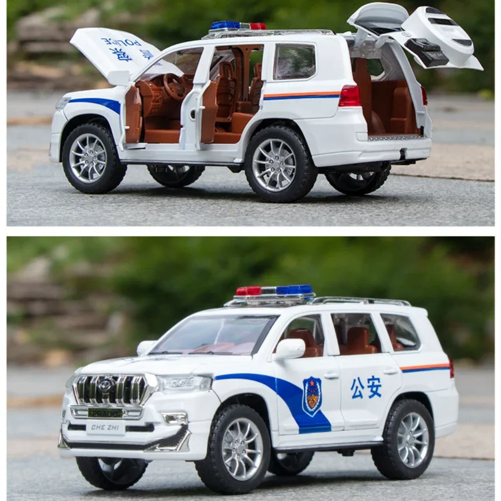 Coche de policía Prado 1:24, modelo de aleación de alta simulación, luz de sonido, juguetes para niños, regalos, modelo de coche de aleación fundido a presión coleccionable