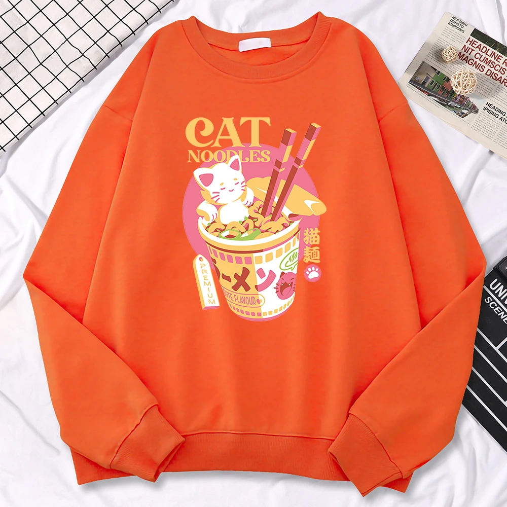 Simple Trend Womens Sweatshirts Japanese Cat Noodles Premium Print Hoodies Fleece Soft Pullovers Loose Warm Female Sportswears