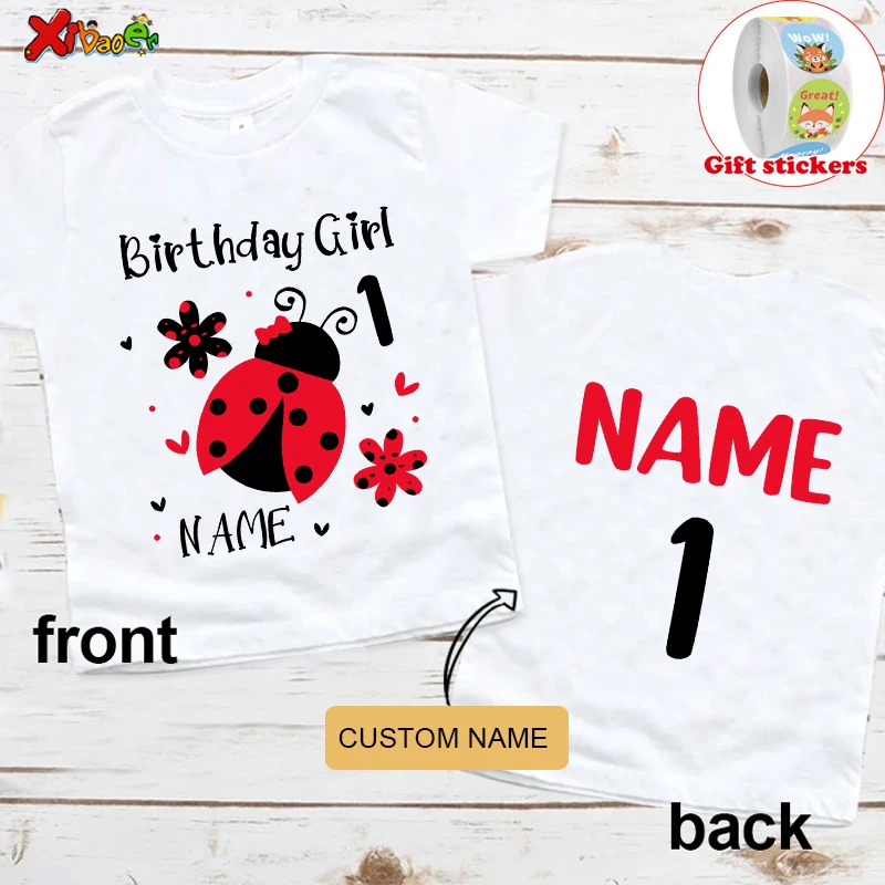 

Kids CartoonLadybug Custom Name Shirt Toddler Baby Gift Seven Star Ladybug Birthday White T-shirt Give Away Children's Stickers