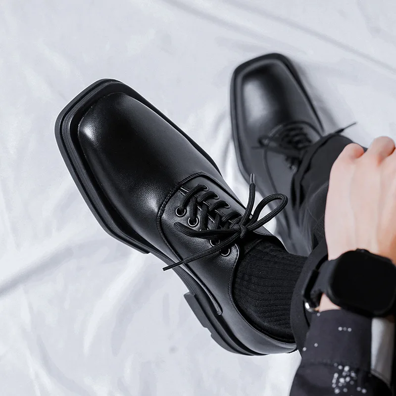 

men fashion square toe shoes lace-up oxfords shoe punk rock dress black stylish genuine leather footwear brand designer sneakers