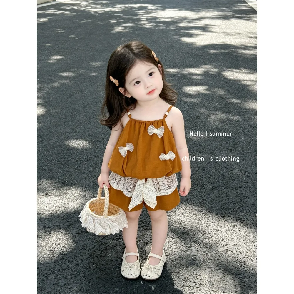 

New Arrival Toddler Girl Bright Tangerine Resort Wear, Frill Edge & Bowknot Matching Suit for 73-130cm