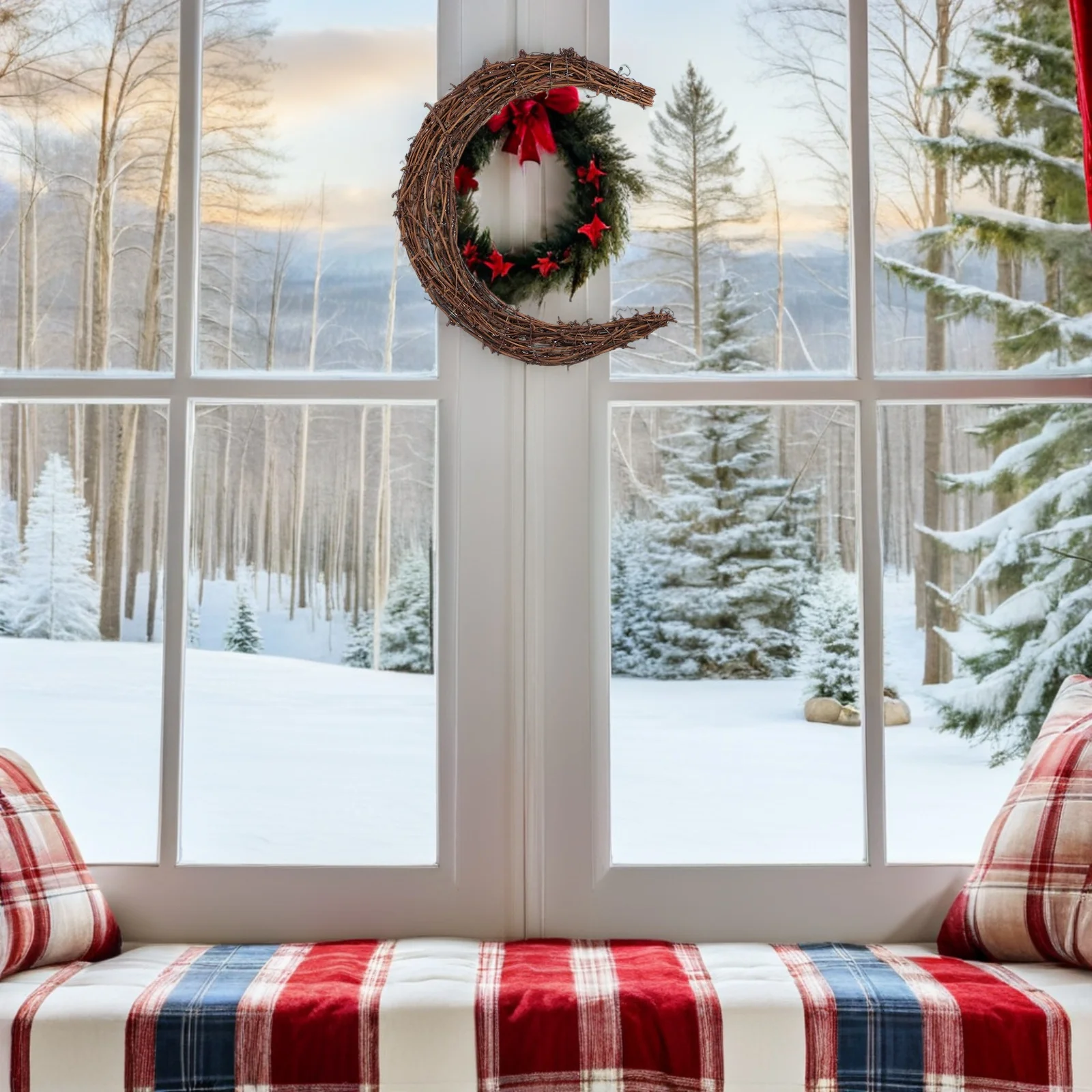 

2Pcs Moon Shaped Rattan Wreath Natural Vine DIY Craft Frame Holiday Christmas Decoration Hanging Garland Moon Wreath