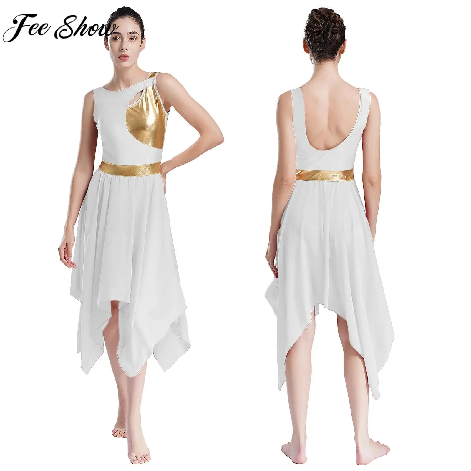 

Women Modern Lyrical Dance Dress Ballroom Dancing Waltz Church Choir Worship Costume Sleeveless Asymmetrical Hem Dancewear