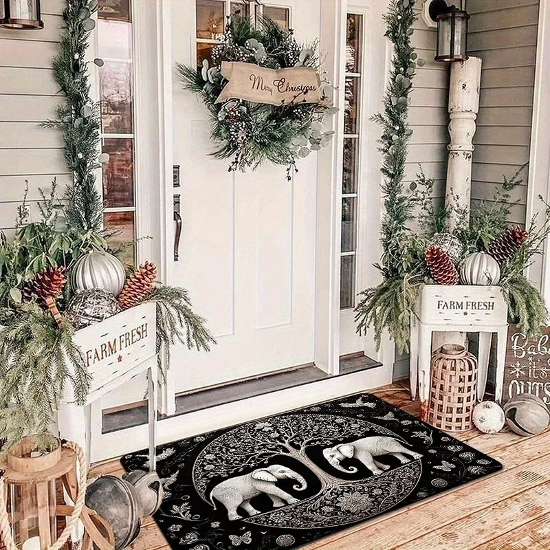Boho Bohemian Elephant Tree of Life Animal Pattern Black Doormat Floor Mat Runner Rug Polyester Decorative Welcome Mat