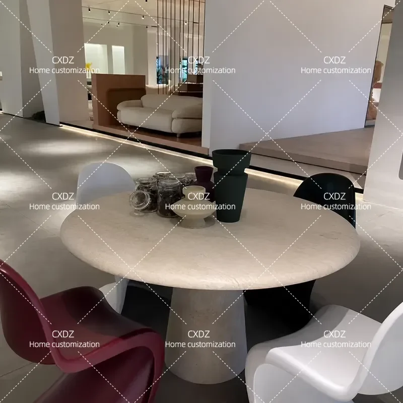 Natural Marble Round Dining Table Ultra White Hole Light Luxury Retro Wabi Sabi Style Modern Home Furniture