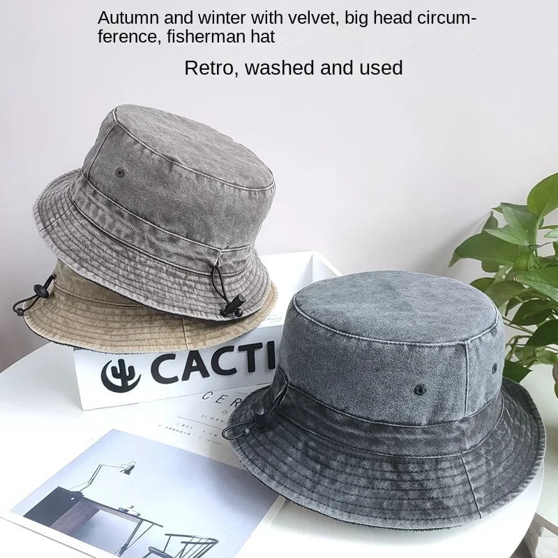 Bucket Hats with Thin Fleece Lined for Men and Women, Oversized Caps, Cotton Stone Washed, Big Head, XXXL, 59-62cm, 63-64cm