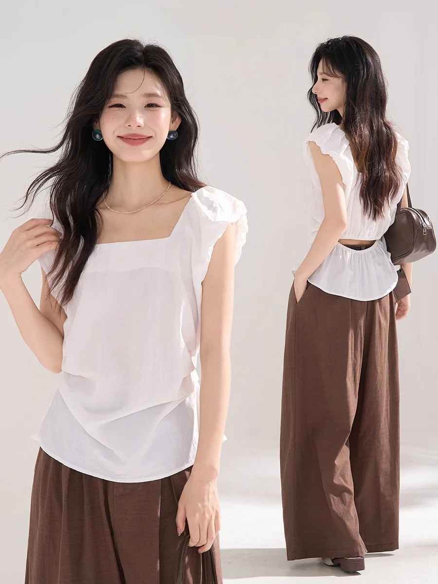 

Летняя женская рубашка Heme Slim Fit с вырезами, квадратным воротником, в корейском стиле, для повседневной носки, свободного кроя