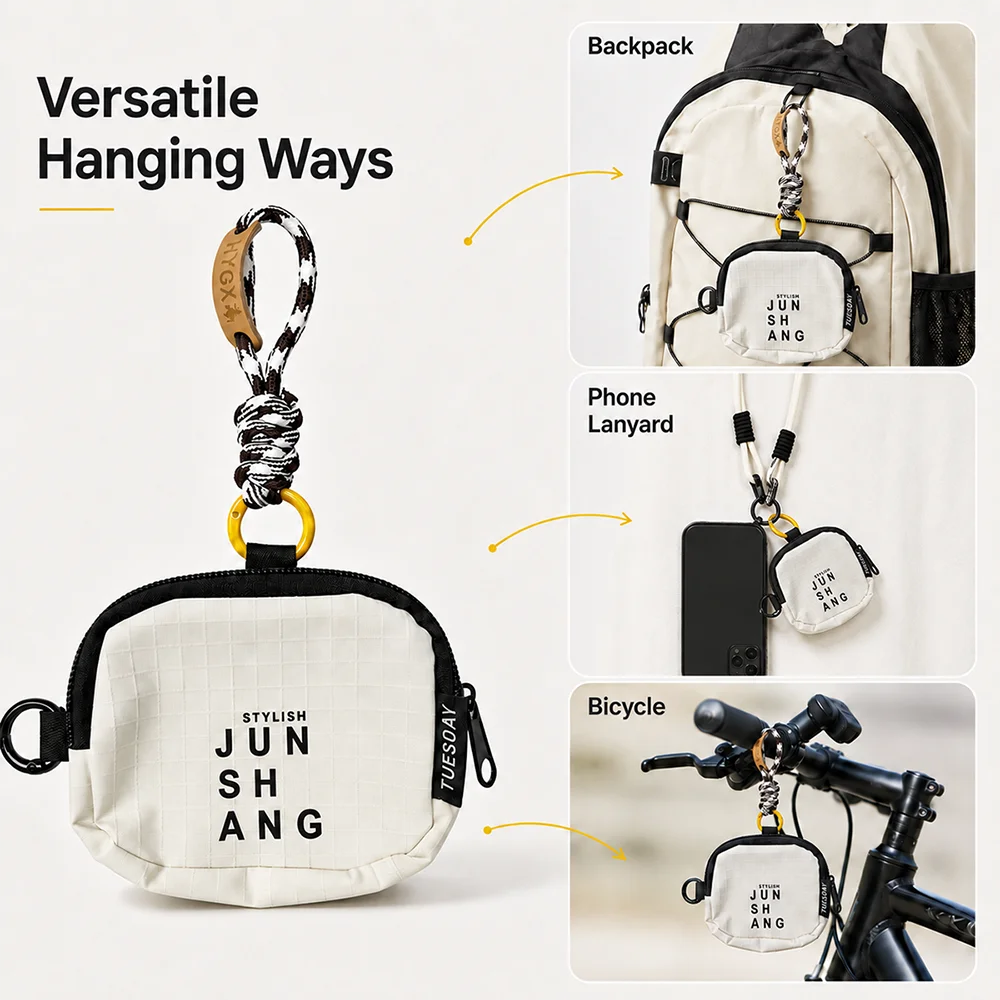 Durable Oxford Cloth Earphone Bag with Lanyard Mini Coin Purse Outdoor Anti-Lost Mobile Phone Case Ornament