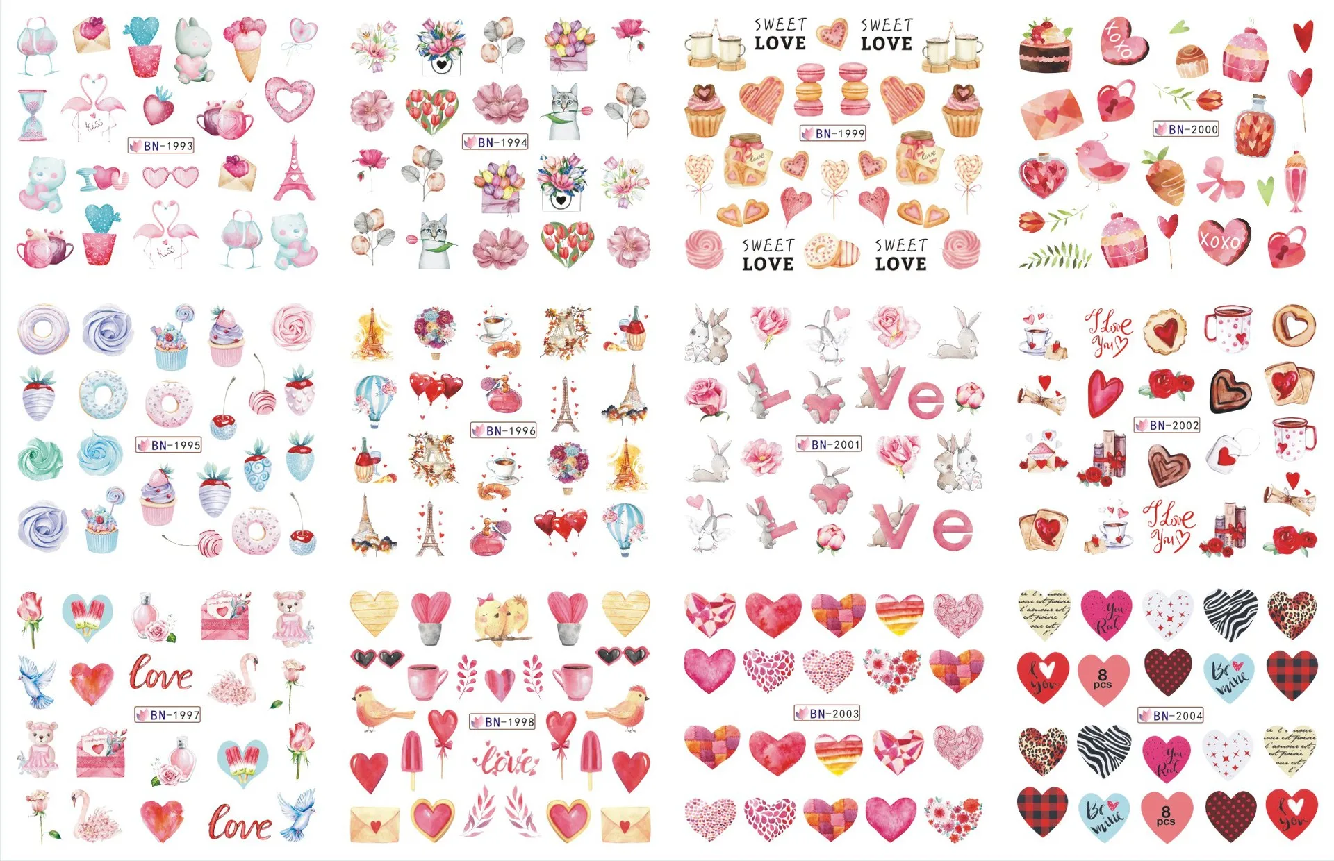 12 Patronen Valentijnsdag Schuifregelaar Stickers Voor Nagel Hart Bloem Letter Water Slider Gel Polish Charm Decals Manicure Decor