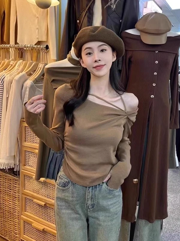 

Женская футболка с длинным рукавом и открытыми плечами в корейском стиле, облегающая, модная, повседневная, для весеннего сезона