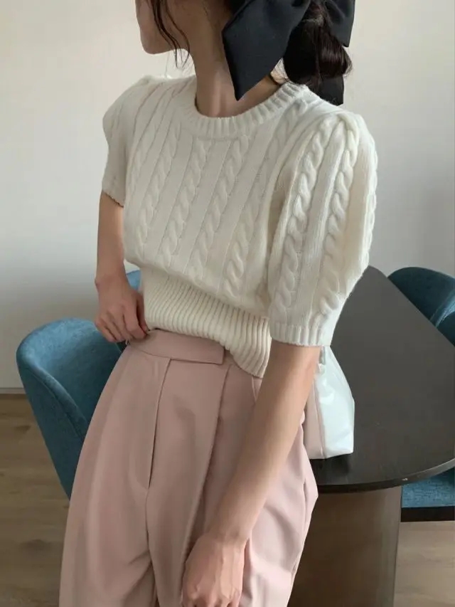 South Korea Chic Temperament Fried Dough Twists Bubble Sleeve Knitwear Women\'s Top Spring Summer Short Sleeve Bottoming Sweater