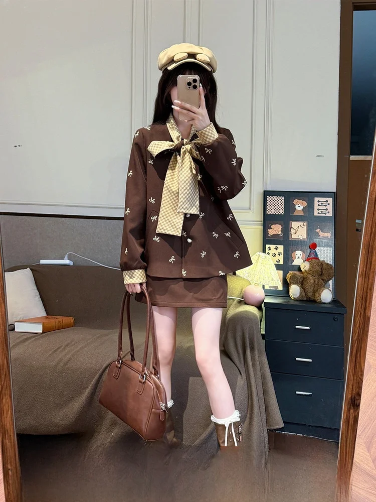 Fabric Pig Sugar Rabbit Sweet Style Brown Cotton Jacket Women's Bowtie Top Short Skirt Set Two-piece Set Casual Date Teenage