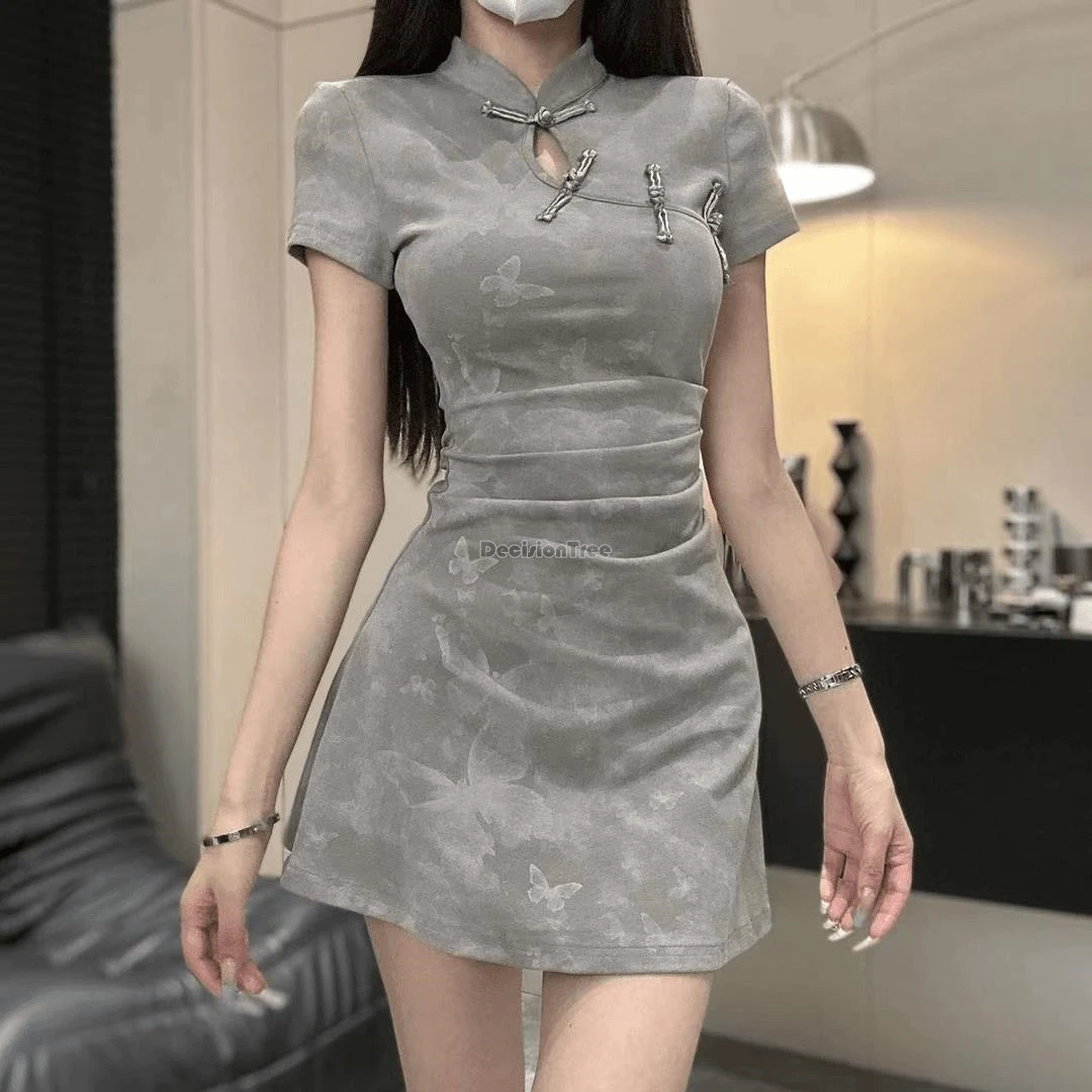 

2024 new chinese style improved fashion sexy women slimming cheongsam fold design short sleeve stand collar qipao dress w973