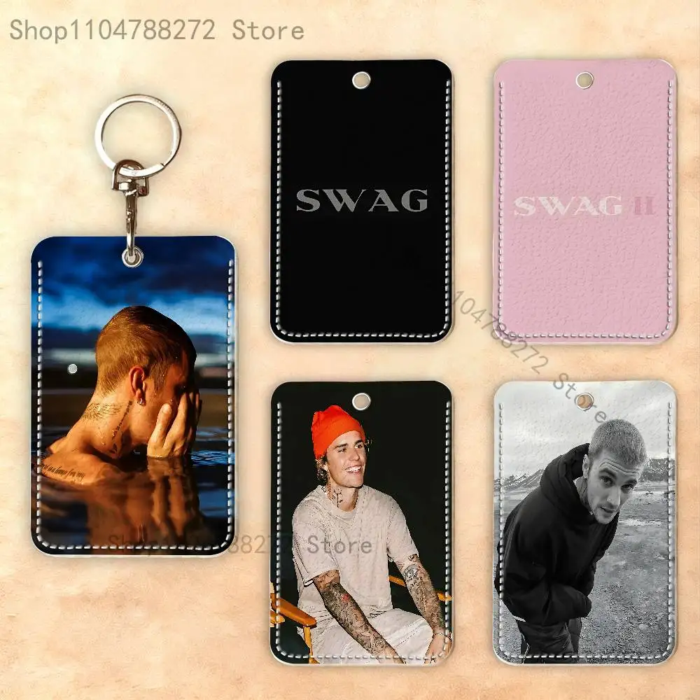 J-Justin B-Bieber Swag Custom Access Card Case Leather Card Holder Keychain Key Ring Transportation Card Case Gifts