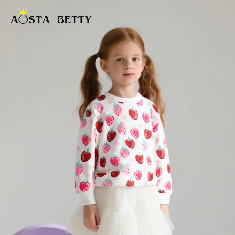 2025 Girls Strawberry Print Sweatshirt Cute Round Neck Pullover Soft Cotton Long Sleeve Top Kids Casual Clothes Autumn