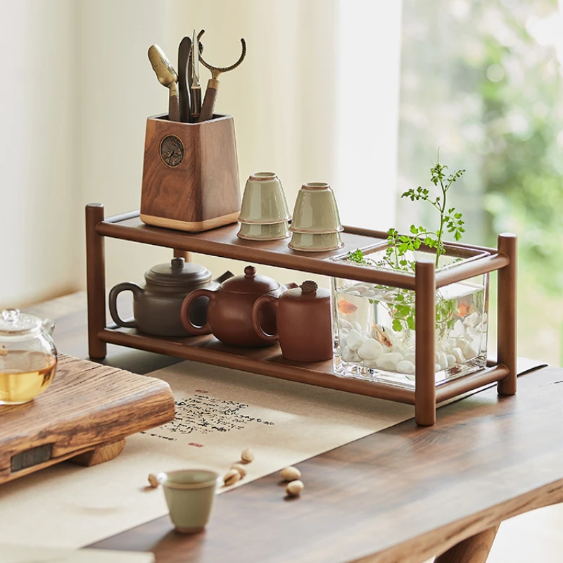 Vintage Tea Room Cup Holder Desktop Double Layer Tea Stand High Quality Bamboo Display Shelf Glass Plant Hydroponic Container