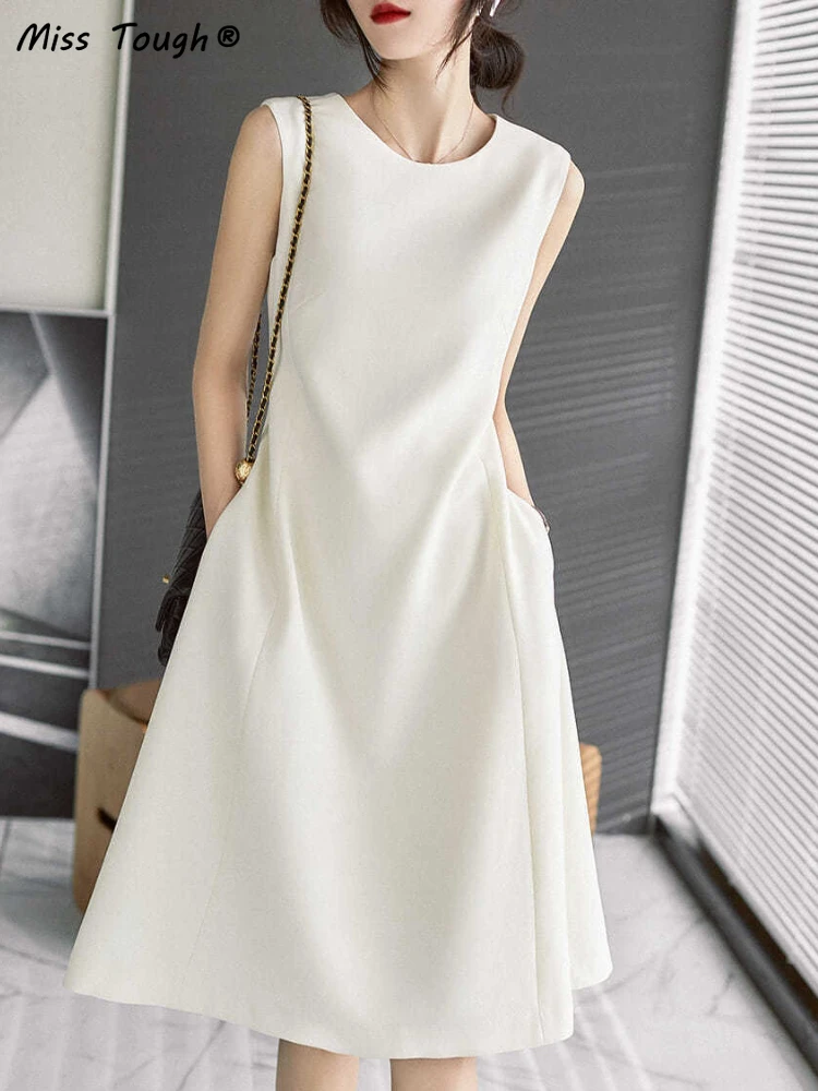 

France Elegant Midi Dress Women Summer 2022 Casual Korean Office Style Dress Ladies Sleeveless Designer Vintage One-piece Dress