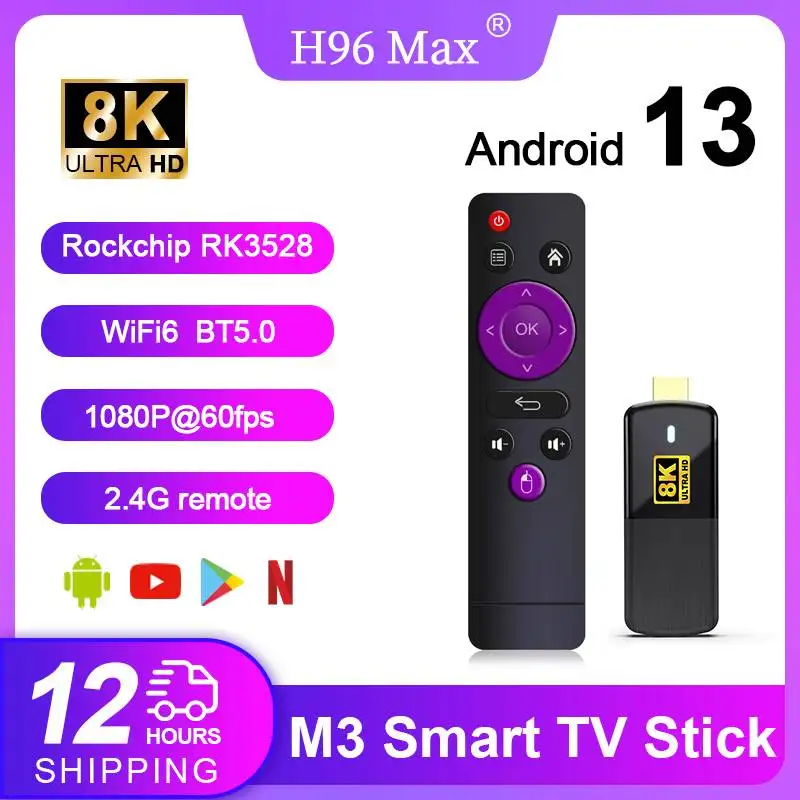 H96 MAX M3 stik TV cerdas, Android RK3528 Quad Core ARM Cortex-A53 CPU WIFI6 BT5.0 8K UHD Output 1080P @ 60fps