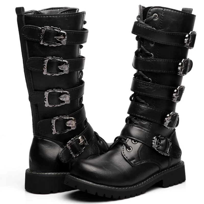 Winter Men Motorcycle Boots 2024 Fashion Mid-Calf Punk Rock Punk Shoes Mens PU Leather Black High top Casual Boot Man