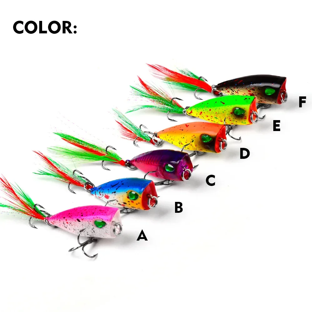 1pcs Floating Poppa Lure Plastic Hard Bait 4.3cm/4g Bionic Bait with Feathers 10# Treble Hook