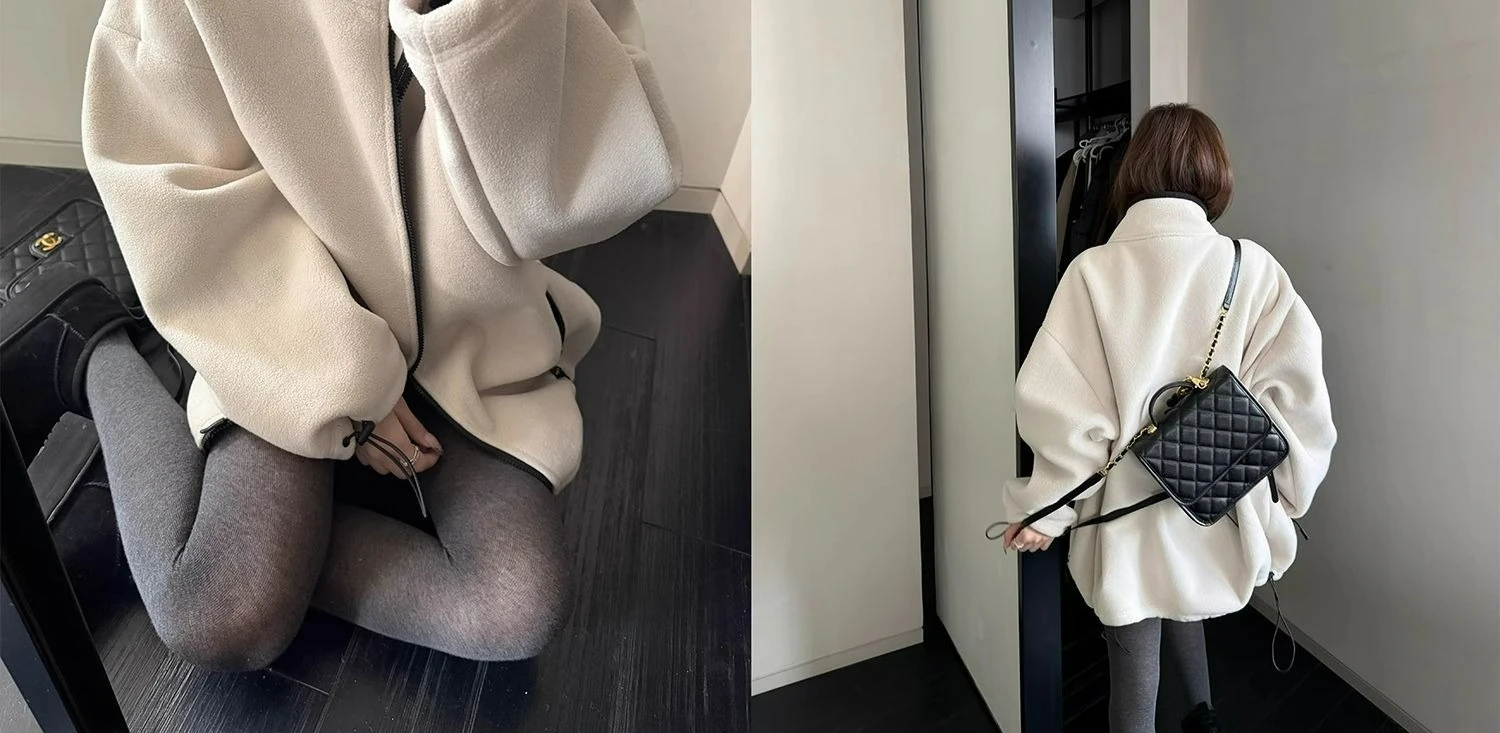 2025 Herbst- und Winter-Fleece, verdicktes doppelseitiges Fleece, graue Stehkragen-Reißverschluss-lose Lammjacke