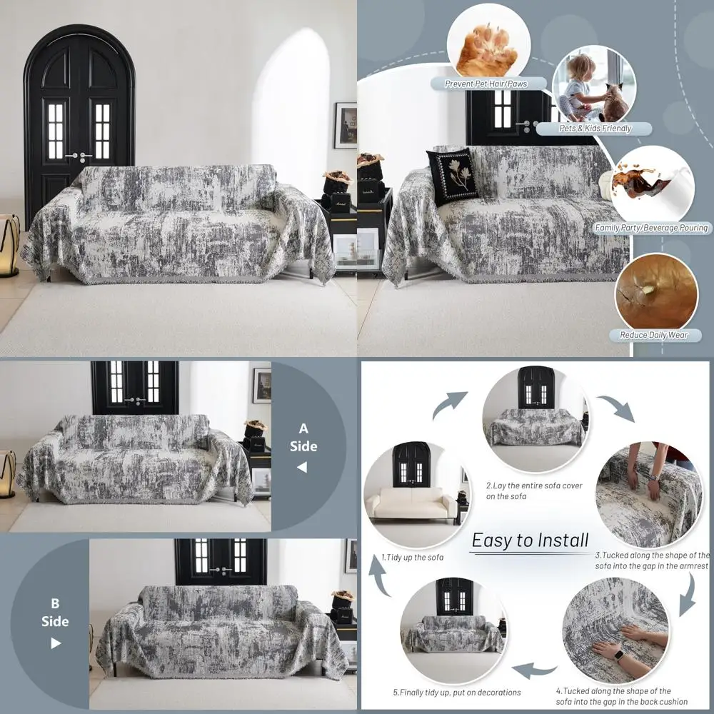 

Abstract Geometric Washable Sectional Sofa Cover for Dogs and Cats, Pet-Friendly Couch Cover, 3-Piece Set with Sea-Inspired Desi