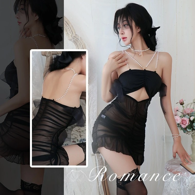 ثوب نوم شبكي شفاف مثير - تيدي دانتيل مزين باللؤلؤ مع حاشية مكشكشة، فستان نوم ضيق