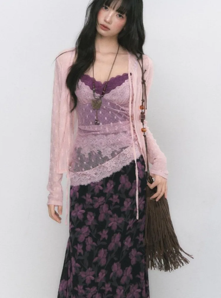 

Милый комплект из 3-х предметов, женский солнцезащитный кружевной бандажный кардиган + лоскутный приталенный жилет + винтажные юбки с цветочным принтом, наряды Y2K