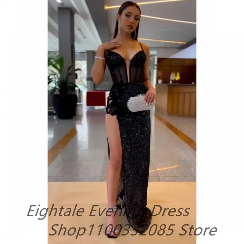 Eightale 2023 Black Sparkle Sequin Mermaid Evening Dresses Spaghetti Straps Side Slit Prom Dresses Dubai Formal Party Gown