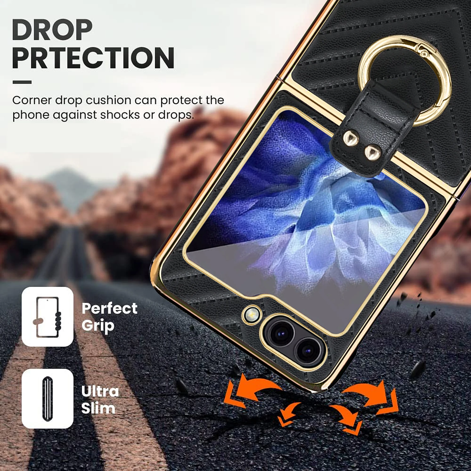 For Samsung Galaxy Z Flip 6 5 4 3 Case Elegant Plating Leather Ring Bracket With Mirror Film Folding Protection Shockproof Cover