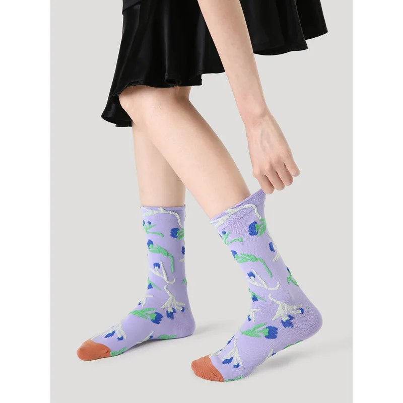 Calcetines de tubo medianos para mujer, medias deportivas pequeñas y frescas con relieve de Color contrastante, para primavera y otoño, 5 pares