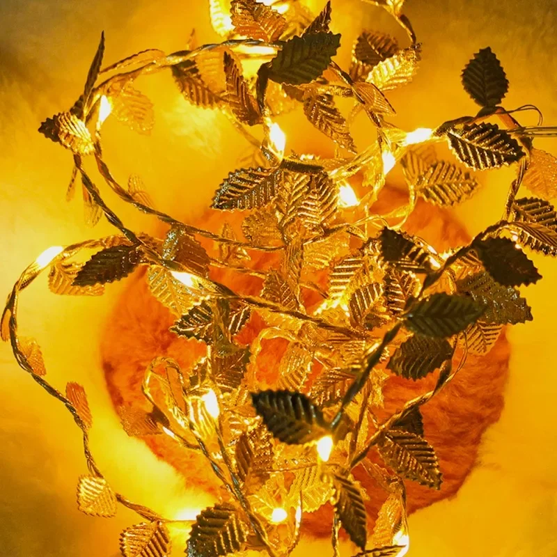 1/3PCS LED Artificial Gold Leaves Rattan String Lights Xmas Garland Decor Lights String for Wedding New Year Party Decorations