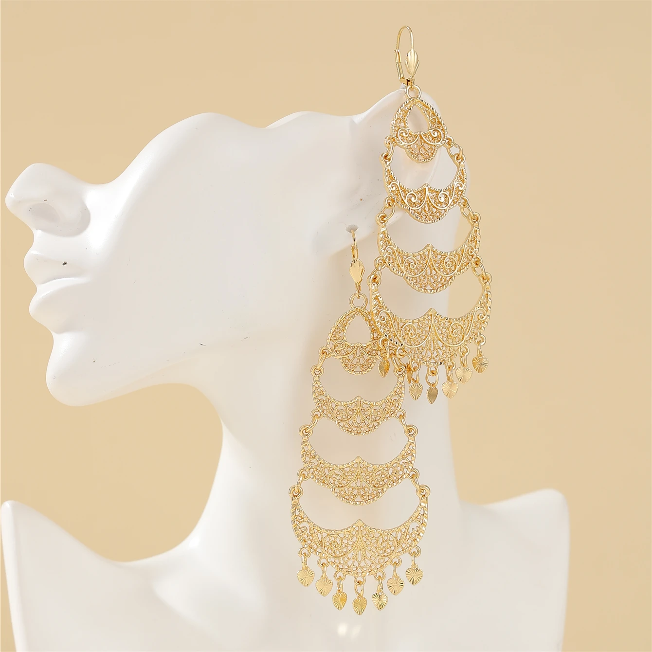 Classic Arabic-Inspired Metal Cutout Earrings With Heart Fringe Design And Double Jewelry Earrings