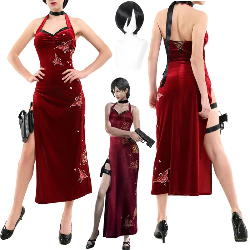 Ada Wong-Costume de Cosplay de Style Cheongsam Brodé pour Femme, Robe Rouge, Tenue de Noël et d'Halloween