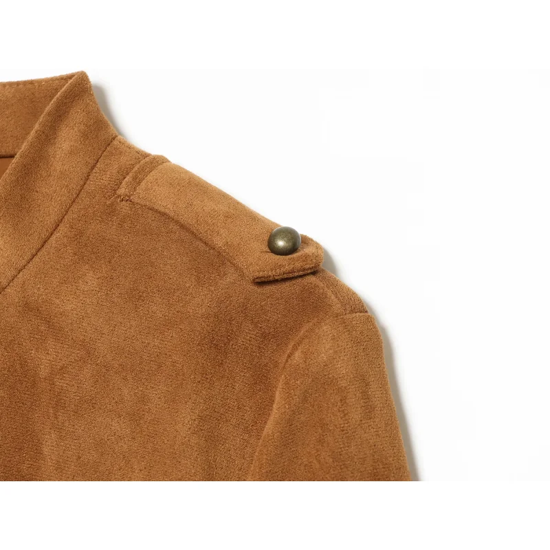 2026 Neue Damen Kunstwildleder Kurze Jacke Einreihig Langarm Epauletten Tasche Schmal Geschnitten Unregelmäßiger Saum Vintage Militärstil – Detail 6