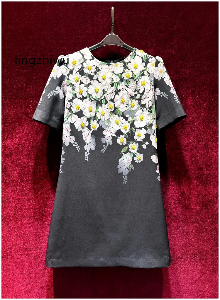 

lingzhiwu Print Dress French Vintage Designer Loose Short Sleeve Handmade Beading Dresses Female Elegant 2024 New Arrive