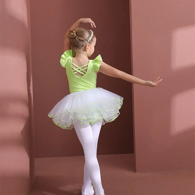 فساتين فتاة رفرفة الأكمام يوتار متقاطع الظهر 4 طبقات رقيق توتو تنورة كوريا الأميرة الجمباز سكيت الباليه الكلاسيكية