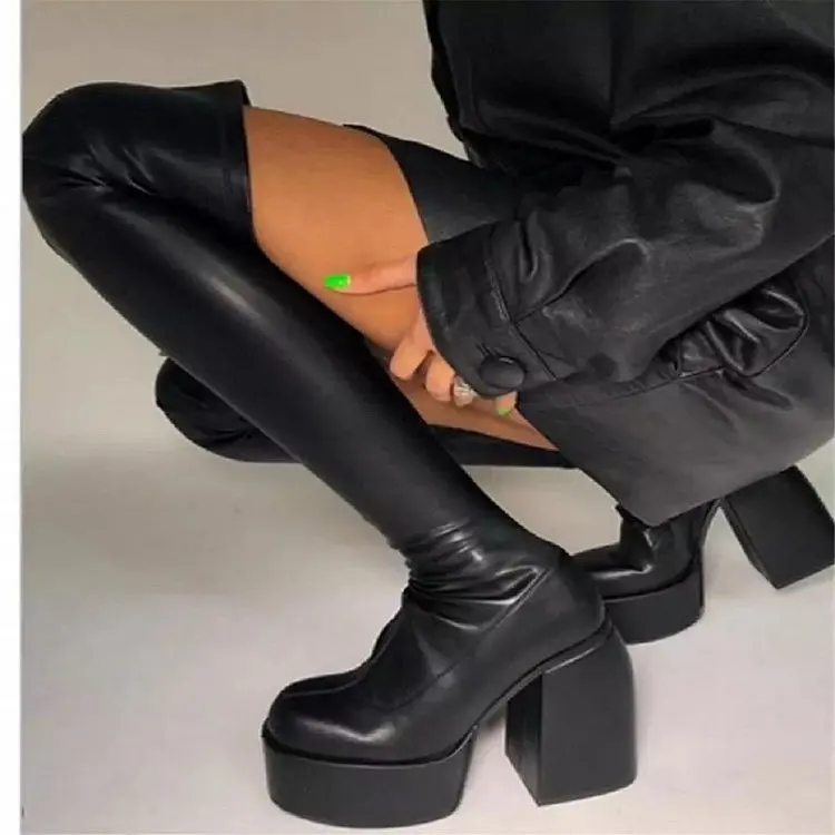 Women\'s Square Toe High Heeled Boots Long Short Tube Block Heel Punk Boots Women Platform Shoes Black Cowboy Boots for Women