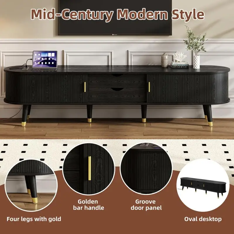 Wooden Oval Fluted TV Stand with Charging Station for TVs up to 80", Mid-Century Media Console with Sliding Door, Farmhouse