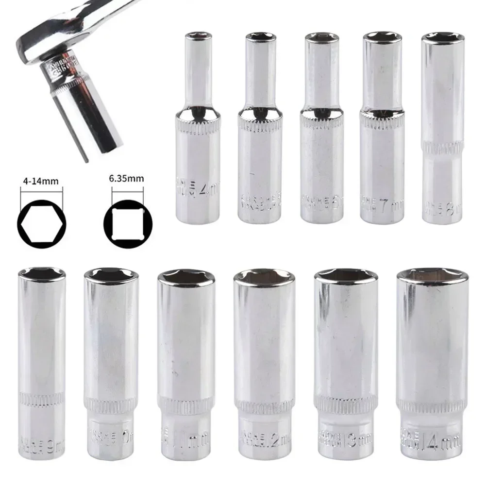 Adaptador de Soquete Sextavado 1/4'' (1 Peça) com Cabeça de Catraca Profunda 4-14mm, Comprimento 50/25mm, para Chave de Impacto e Ferramentas Manuais, Acessórios para Reparo Automotivo