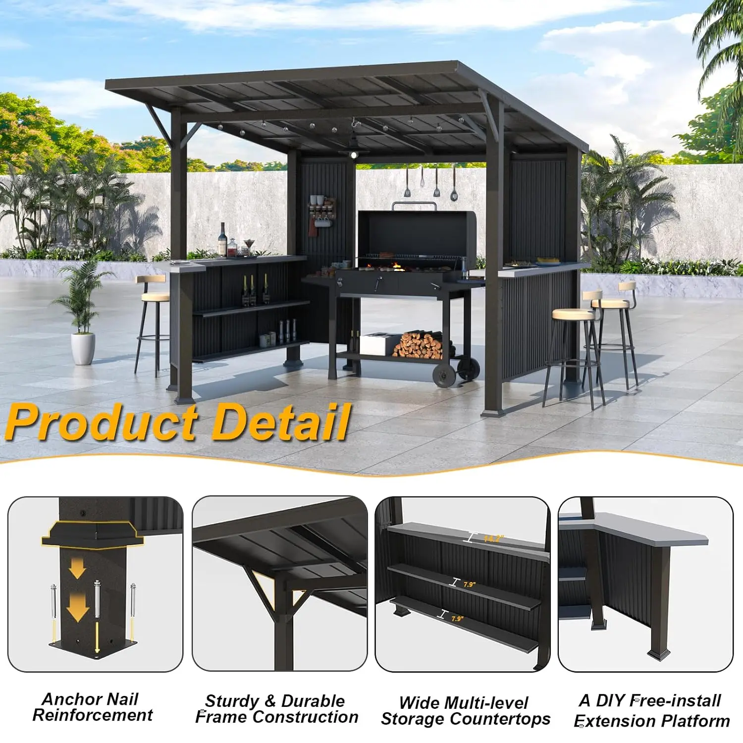 10'x 10' Hardtop Grill Gazebo, Outdoor BBQ Gazebo with Storage Shelves and Expansion Platform, Permanent Galvanized, Customized view 3
