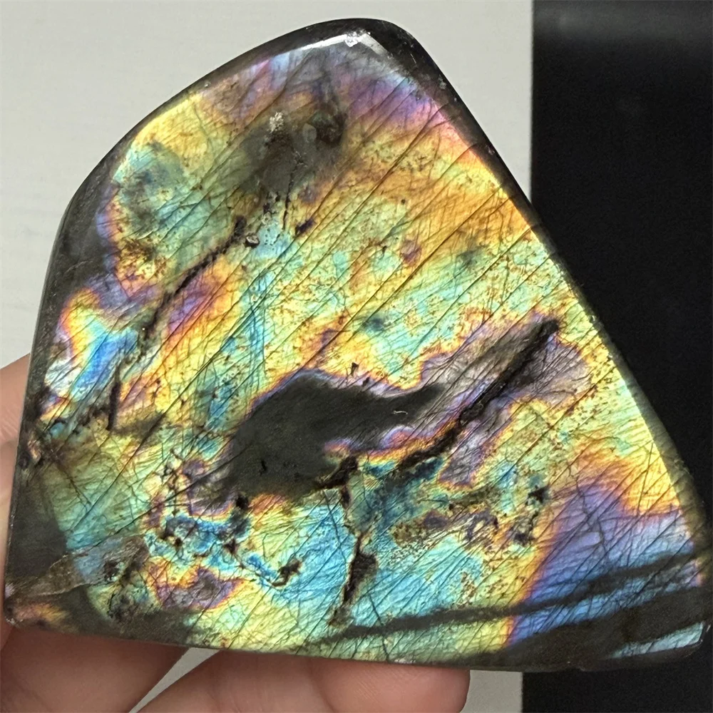 Rare Natural Purple Silver Light Labradorite Ornament Black Body Standing Yellow Orange Light Labrador Stones Specimen Blocks