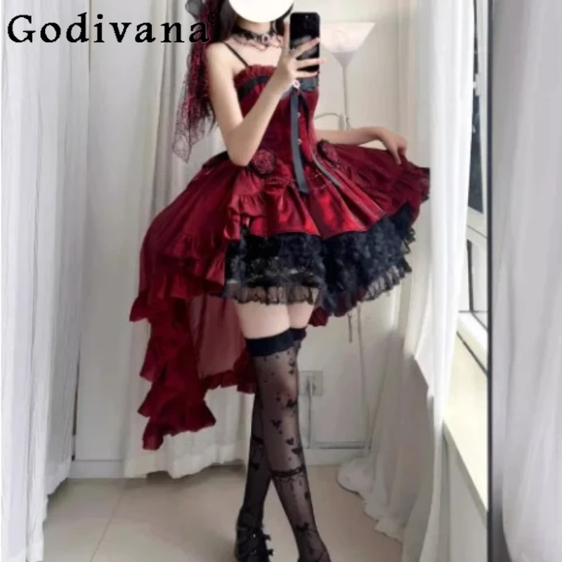 

Spring Summer Personality Goth Front Short Rear Long Trailing Lolita Dress Fashion High Waist A-line Rose Lace Princess Dresses